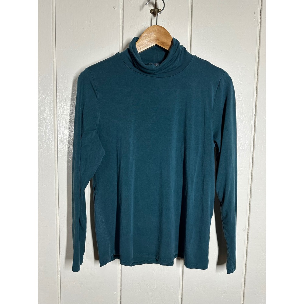 Eileen Fisher Top Women M Teal Turtleneck Long Sleeve Knit Pullover Solid 7557